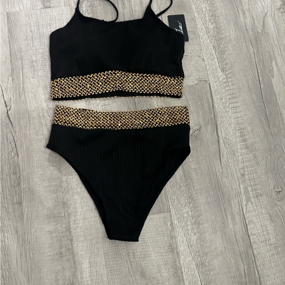 Elegant Black and Gold Two-Piece Swimwear with Leopard Accents